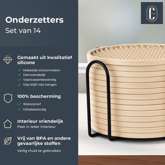 Castagnola Silikon-Untersetzer – Untersetzer für Gläser – Design-Untersetzer mit Halter – Untersetzer-Set – rutschfest – 14er-Set – Beige