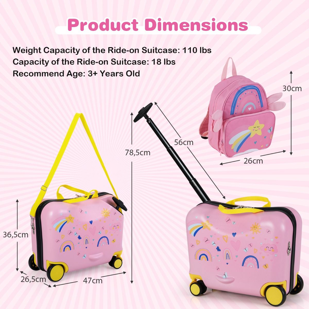 Coast Kinderkoffer- und Rucksack-Set – Sitzkoffer mit Bienenmotiv – verstellbarer Griff – rosa