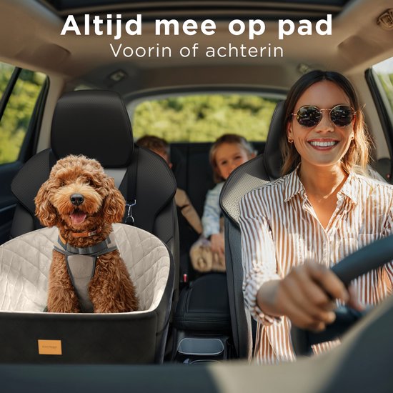 CozySense® Hundeautositz - Sicherer Hundekorb für kleine Hunde - Vorder- und Rücksitz - mit Sicherheitsgurt, Staufach und waschbarem Bezug - Schwarz/Beige
