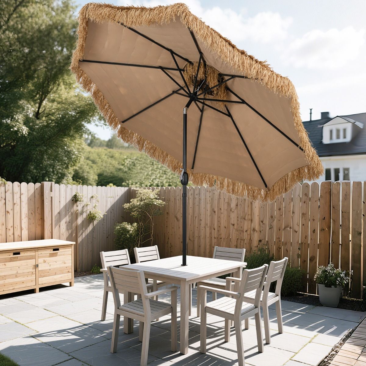 Coast 299 cm Wicker Tiki Parasol Hawaii Double Deck Market Parasol - Natur/Schwarz, Ø 299 cm x 270 cm hoch