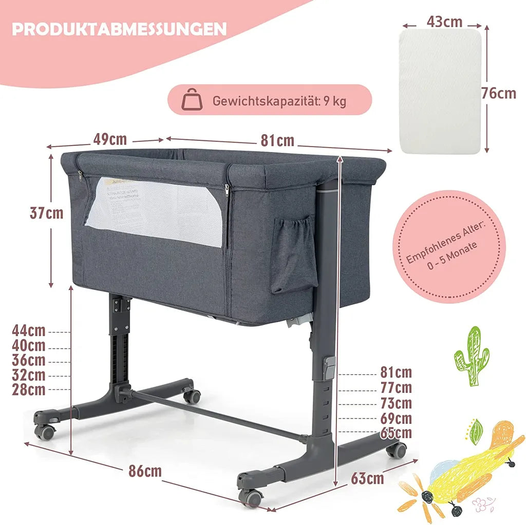 3-in-1 Babywiege mit 5 Ständern Höhenverstellbar 10Â° Neigung Tragbare Wiege für Baby & Kind Beige/Grau/Hellgrau