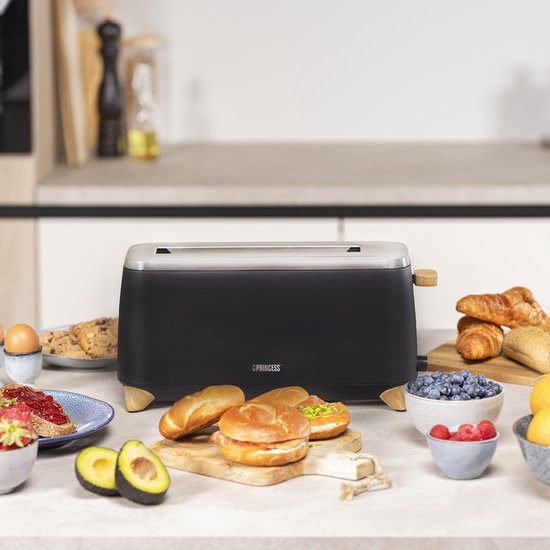 Princess 142361 Toaster Pure – 6 Bräunungsstufen – 1000 W – Bambus – schwarz
