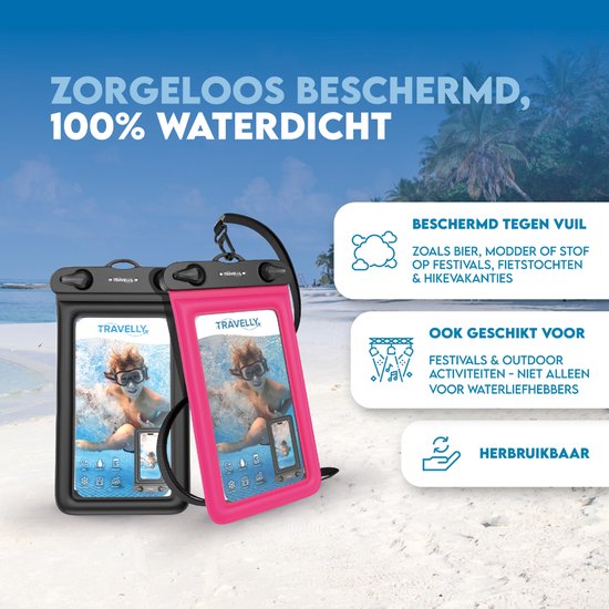 Travelly® Wasserdichte Handytasche 2er-Set - Universelle Unterwassertasche für Smartphone - Geeignet für alle Handys - Drybag - Für Urlaub, Schwimmen & Wassersport - Schwarz/Pink