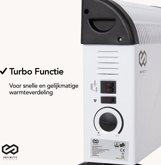 Infinity Goods Elektrischer Konvektor - Turbofunktion und Gebläse - 750 / 1500 / 2000W - Einstellbares Thermostat - Heizkörperheizung - Ãœberhitzungsschutz - 35mÂ² - Schwarz/Weiß