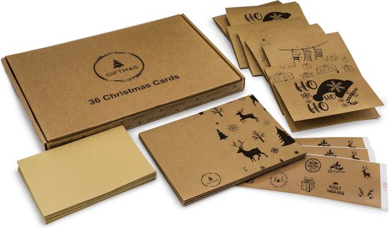 Giftmas Christmas Collection - Grußkarten & Weihnachtskarten Set - 36 Grußkarten mit 12 Motiven - Inklusive Umschläge und Aufkleber - Kraftpapier Karten Set für die Feiertage - 20x15cm