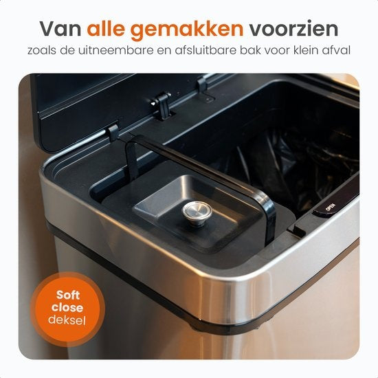 Goliving Automatic Sensor Trashcan 64 Liter - Küchenabfalleimer - Abfalleimer Mülltrennung - Hands-free sensor - Feuchtigkeitsresistent - Schließrand - Langlebiger Edelstahl - 40L + 2x12L + 8L - Silber
