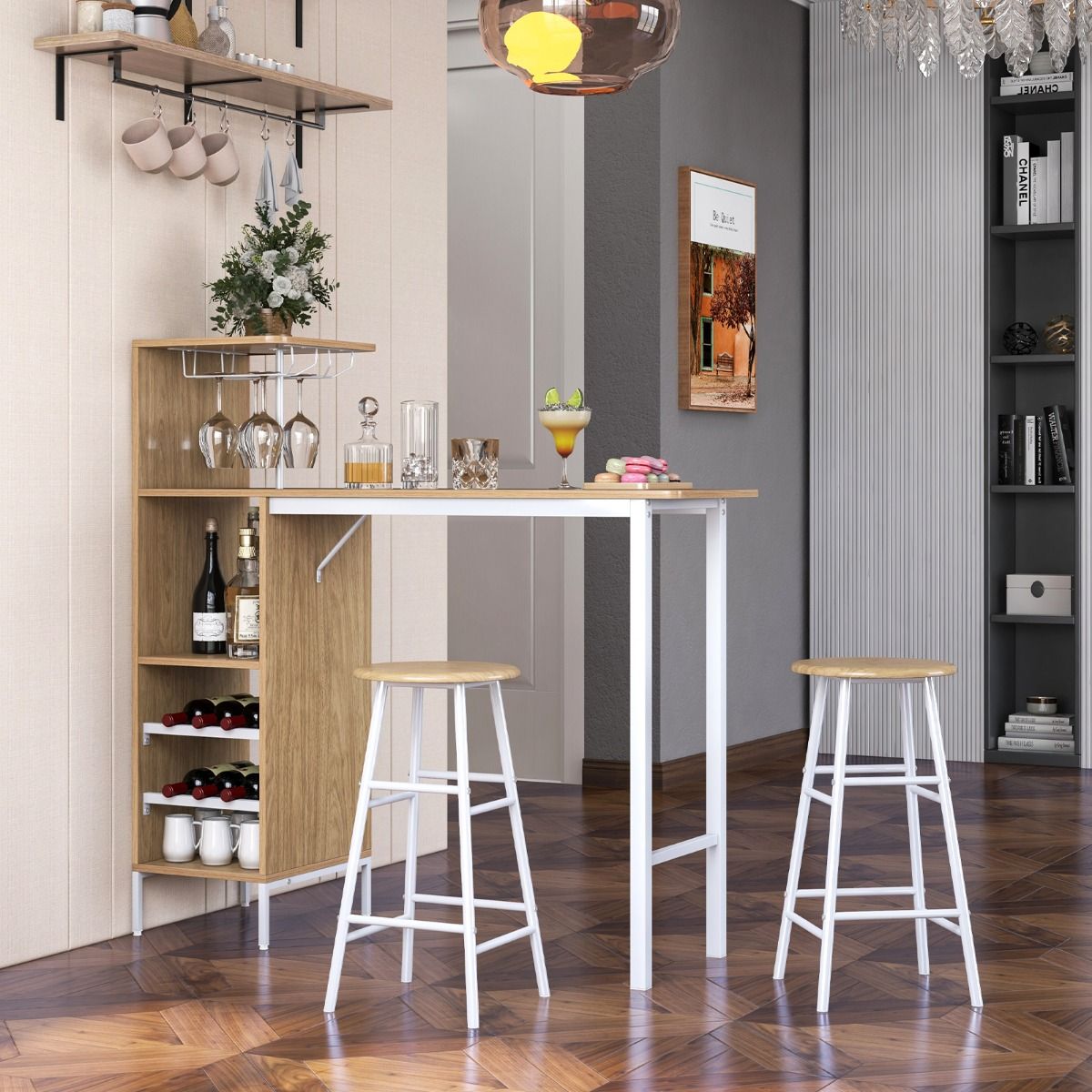 Coast Bartisch mit 2 Hockern – Weinregal für 6 Flaschen – Bistrotisch für Wohnzimmer und Küche – 120 x 40 x 121,5 cm – Naturfarben