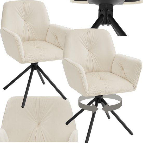 tectake® Drehstuhl Lenia - 2er-Set Drehstühle mit Armlehne - Esstischdrehstuhl - Drehsessel - gepolstert - Samtoptik Creme/Schwarz