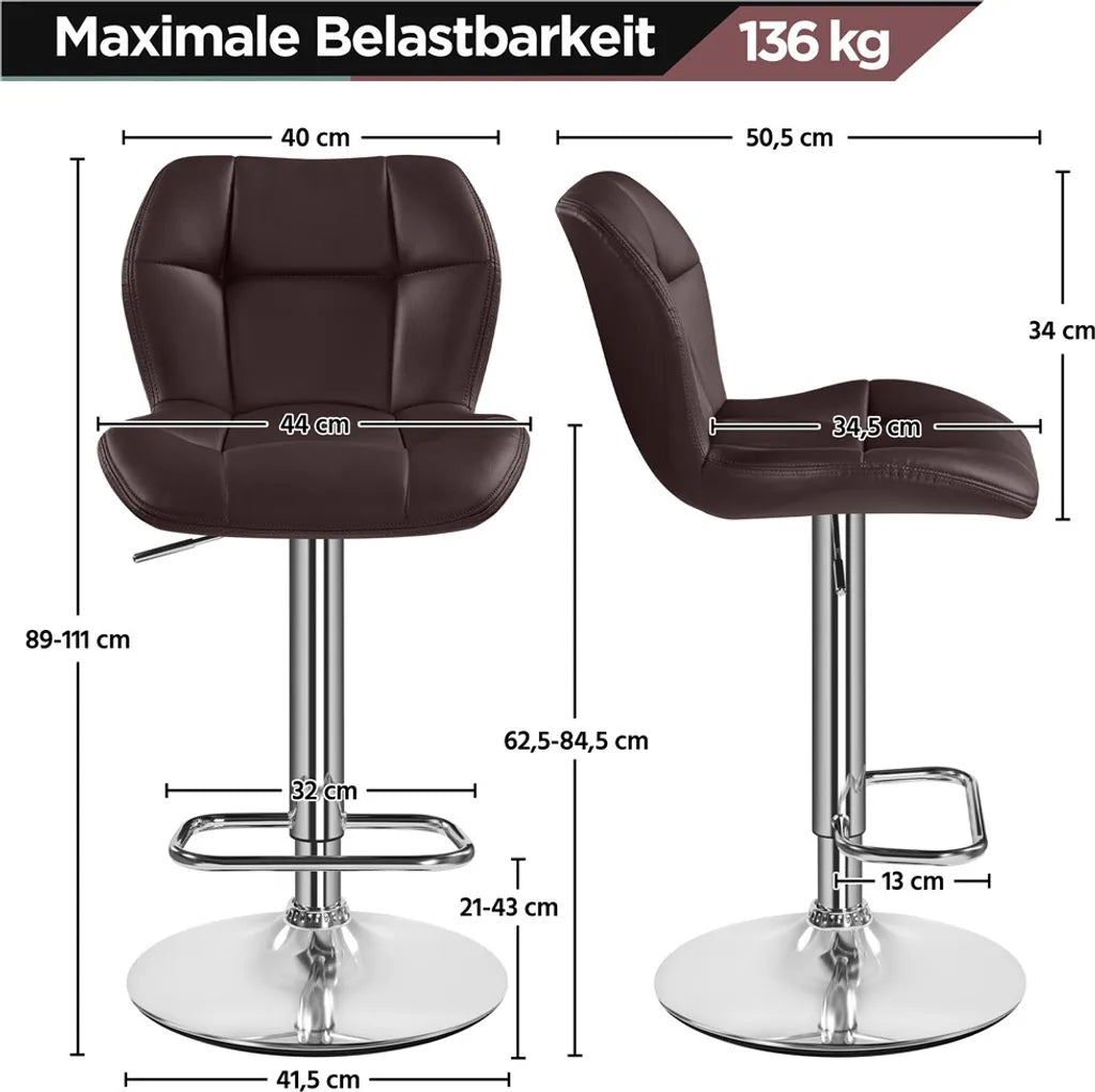 Yaheetech Barhocker-Set, 2er-Set – Braun – Verstellbare, um 360° drehbare Barhocker mit Rückenlehne und Fußstütze