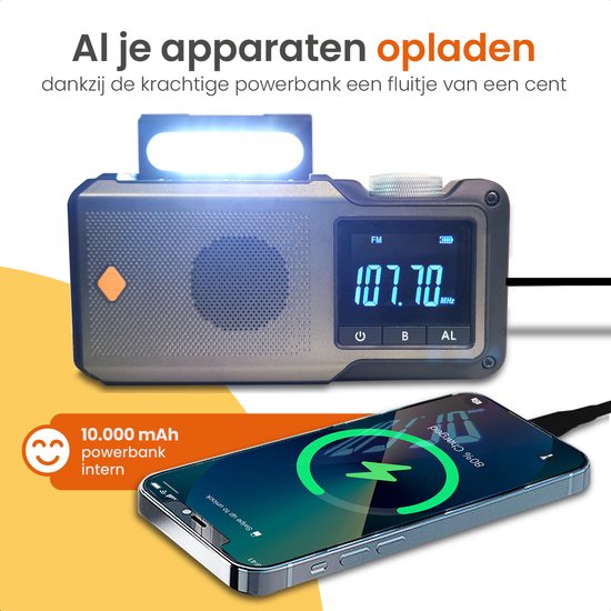 Goliving Emergency Radio - 17 x 9 x 4 cm - Tragbares Radio - Powerbank Solar aufrollbar - Taschenlampe aufladbar - Digitaler Wecker - Bluetooth - 10000 mAH - 80 dB - Schwarz