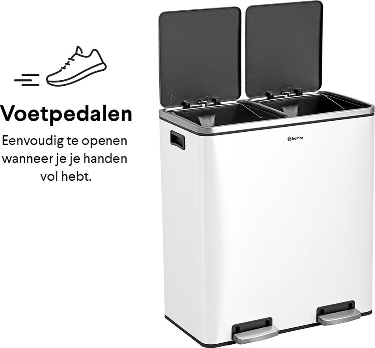 Homra QUICKX Abfalltrennbehälter 2 Fächer Weiß - 60 L (2x30 L) Tret-Abfallsammler - Design-Duo-Abfallsammler Edelstahl - Abfalltrennung - Recycling-Abfallsammler - Hygienetret-Abfallsammler - Doppelmülleimer - Küchenmülleimer - Büroabfallsammler