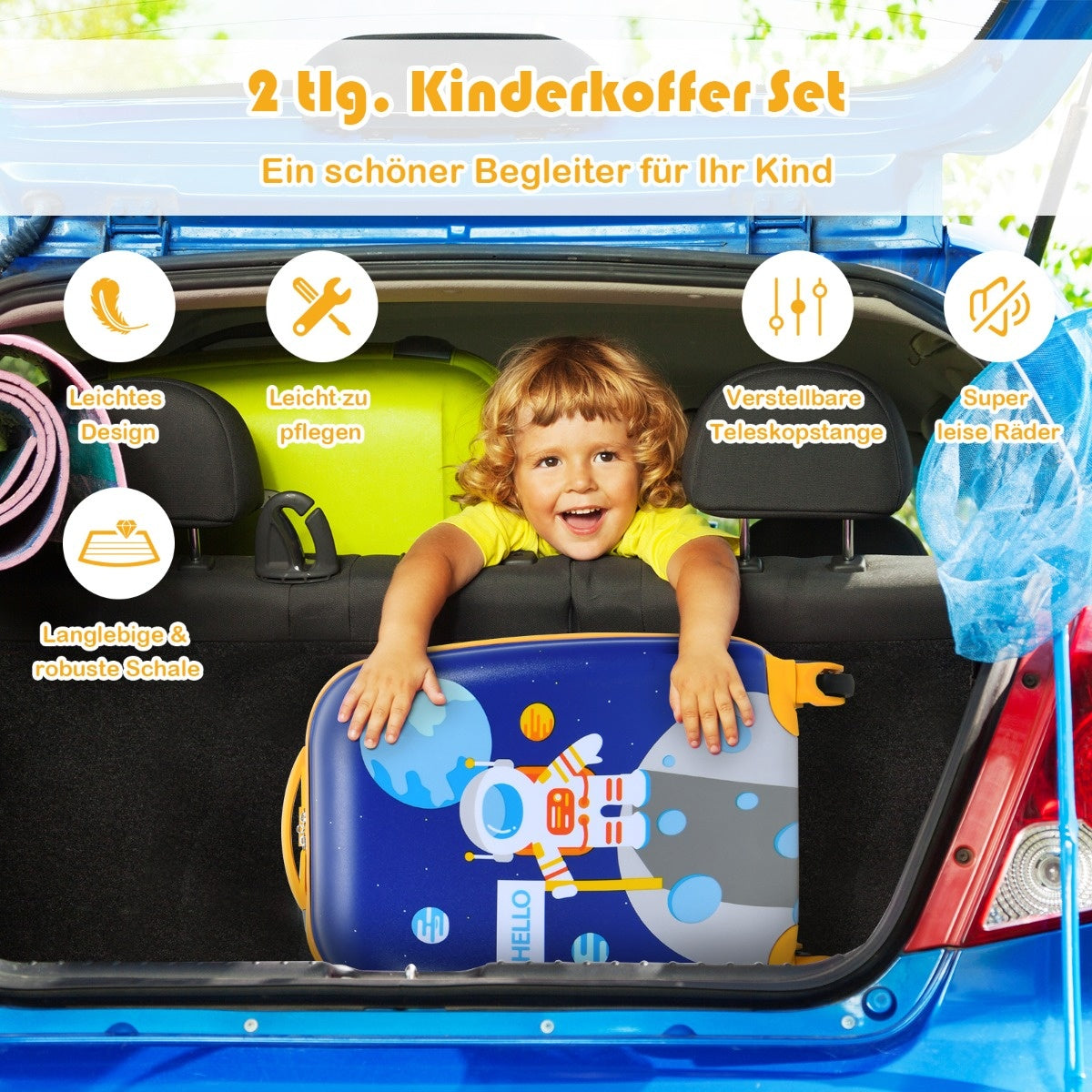 Coast 2-teiliges Kinderkofferset - Mit Astronautenmuster Rucksack & Etui - 27 x 20 x 43 cm - Dunkelblau