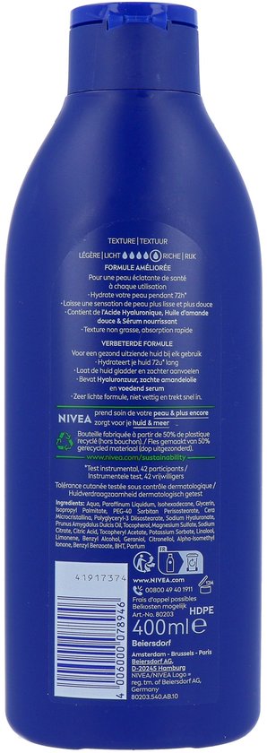 NIVEA Pflegende Körpermilch – mit Hyaluronsäure, sanftem Mandelöl und pflegendem Serum – Körpermilch mit 72-Stunden-Feuchtigkeitsversorgung – Für trockene bis sehr trockene Haut – 400 ml