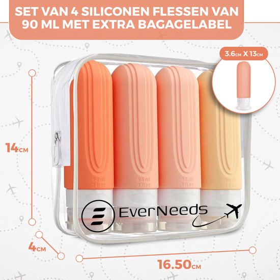EverNeeds Reiseflaschen mit Beutel - Nachfüllbar - Silikon-Reiseflaschen Handgepäck - Rosa - 4 Stück