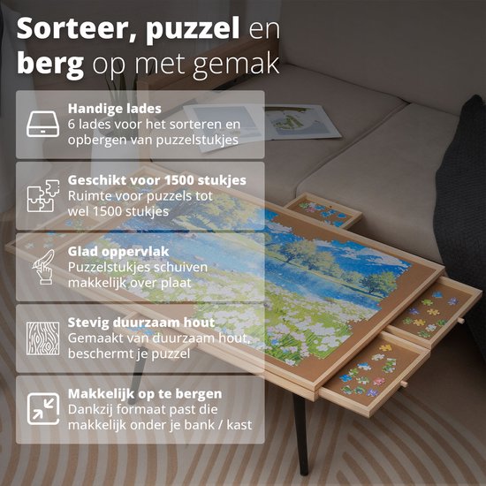 FlinQ Puzzlebrett mit Aufbewahrungssystem - Puzzlebrett mit Schutz - 6 Schubladen und Sortierfächer für 1500 Teile - Holzpuzzlematte - Puzzletisch - Porta-puzzle - 89x68.7x4 cm