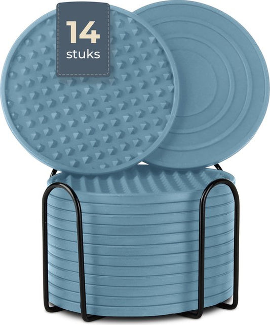 Castagnola Silikon-Untersetzer - Untersetzer für Gläser - Design-Untersetzer mit Halter - Untersetzer-Set - Anti-Rutsch - 14er-Set - Grün