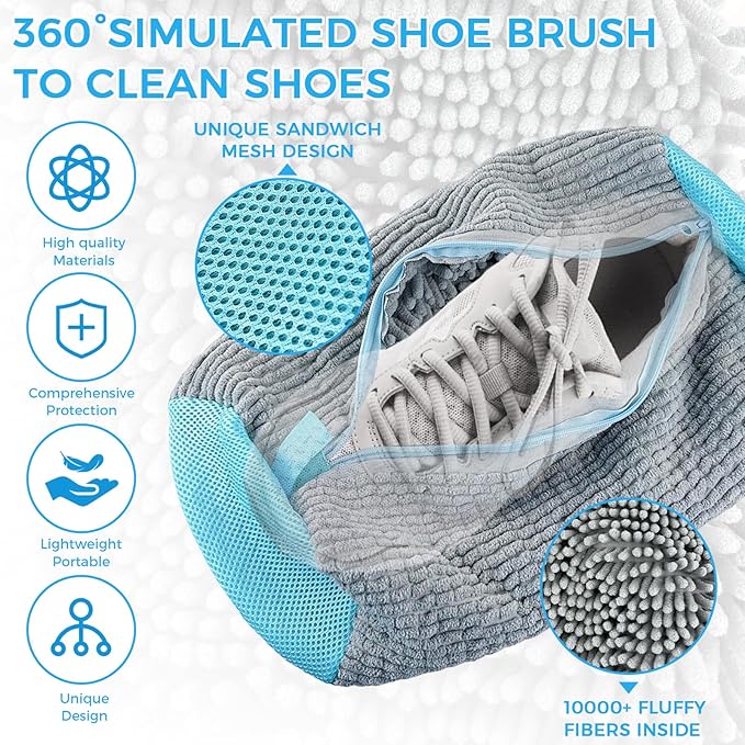 CNMTCCO – 2er-Set Schuhwaschbeutel, Waschbeutel für die Waschmaschine mit Reißverschluss, Plüsch-Schuhwaschbeutel, 360°-Reinigung des Beutels, multifunktionaler Schutz für Sportschuhe – Tennisschuhe – grau