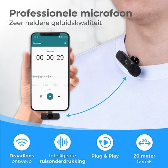 Nuvance - Drahtloses Mikrofon - Tie Pin Mikrofon - Geeignet für Usb-C & Apple Lightning - Lavelier Mikrofon - Plug & Play