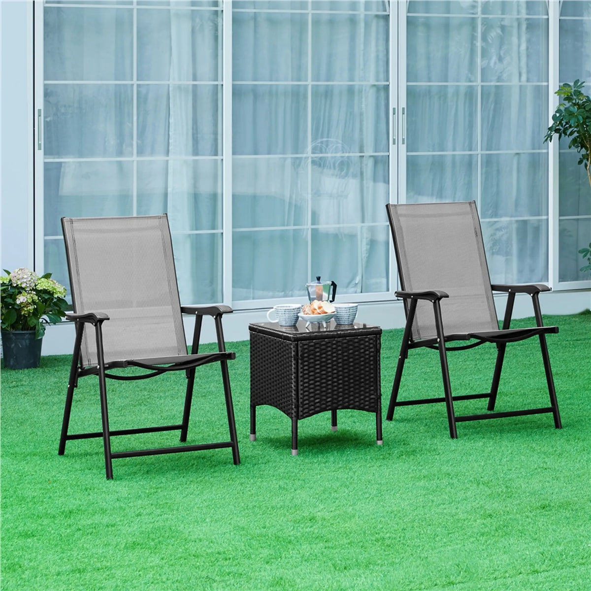 Gartenstühle, 2er-Set, klappbar, mit Armlehnen und hoher Rückenlehne, Texteline, grau