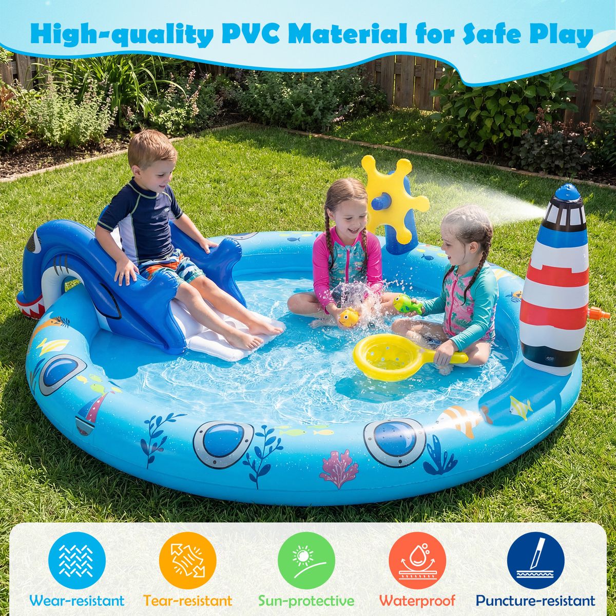 Coast Aufblasbares Kinderplanschbecken – Wasserspielzentrum im Meeres-Design – Haifisch-Rutsche und Sprühdüse – Mehrfarbig 188 x 153 x 63 cm
