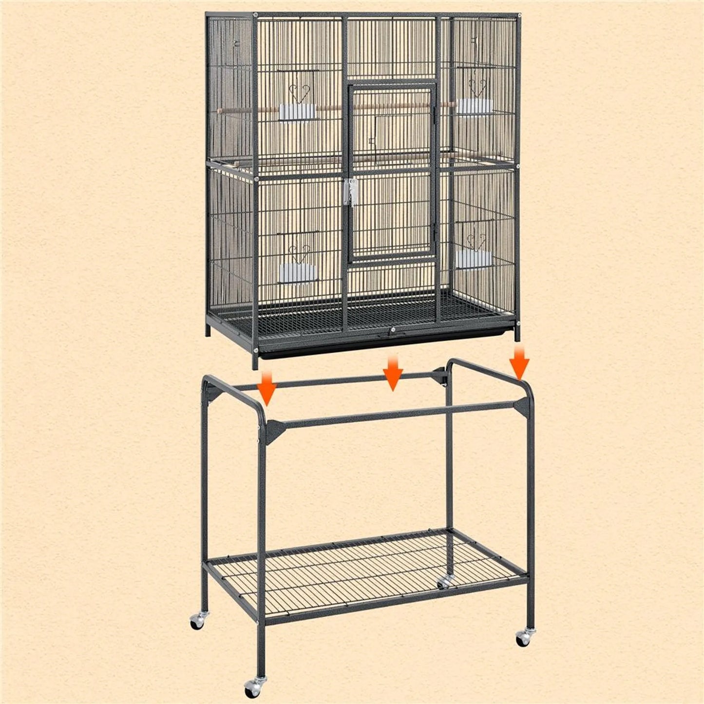 Yaheetech Vogelkäfig mit mobilem Sockel - ausgestattet mit herausnehmbarem Käfig und sechs Zugangstüren und Ablagefläche - für Sittiche und Falken - gehämmertes schwarzes Metall - 81 x 47 x 160 cm