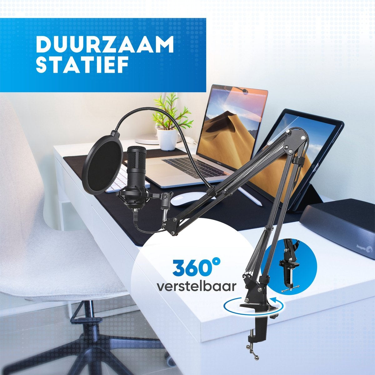 Urgoods - Mikrofon mit Arm - Kondensatormikrofon - Streaming & Gaming - für PC - USB - Schwarz
