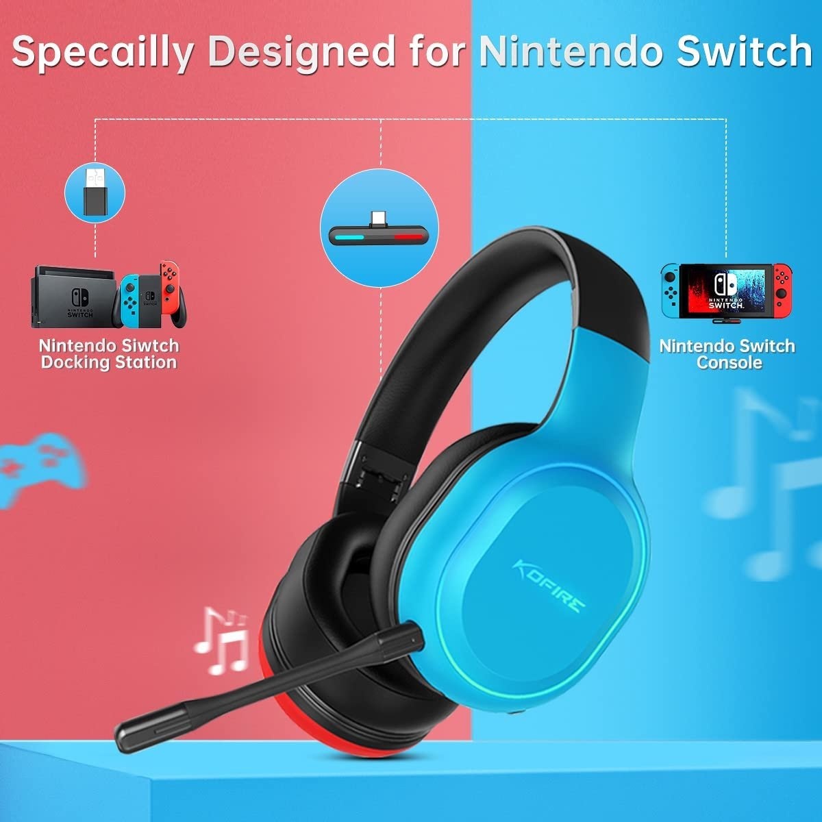 Kofire UT-01 2.4GHz Wireless Gaming Headset - Over Ear Kopfhörer - mit Mikrofon - Geeignet für PS4/PS5, Nintendo Switch