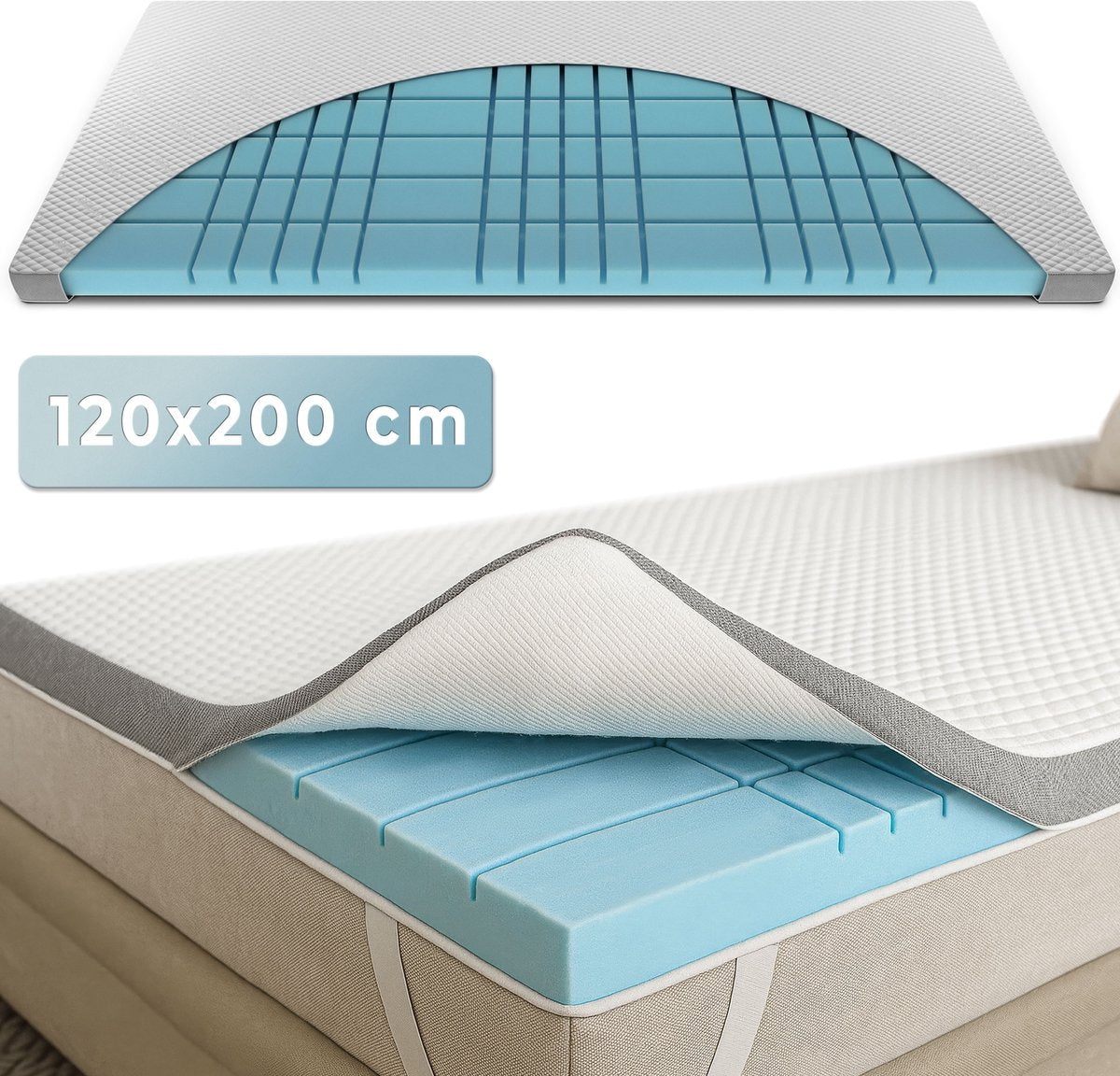 CozySense® - CubeTech Topper Topdeck Matratze - 120 x 200 cm - Ausgestattet mit 100+ Comfort Cubes und kühlendem Gel und waschbarem Bezug - Für Rückenschmerzen und Druckentlastung - Weißer Memory Foam und Textil