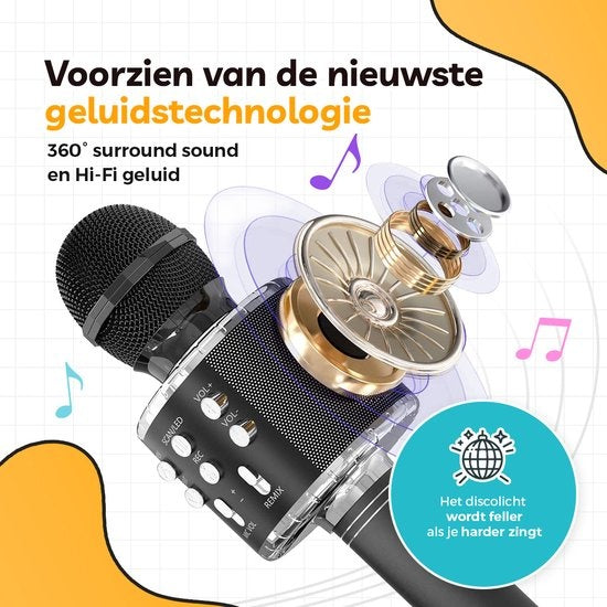 AyeKids 5-in-1 Karaoke-Mikrofon - Drahtlos & Bluetooth - Eingebauter Lautsprecher & Disco-Lichter - Inkl. AUX-Kabel - Mikrofon Kinder - Karaoke-Set - Schwarz