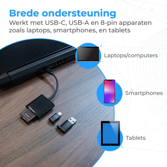Nuvance SD Kartenleser - SD Kartenleser USB C - Kartenleser - inkl. Usb & 8-Pin Konverter - Speicherkartenleser Micro SD - Schwarz