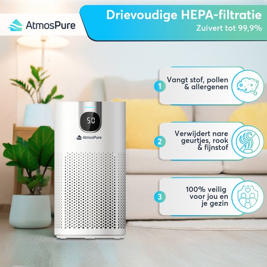 AtmosPure® CleanAir Luftreiniger - Luftreiniger mit austauschbarem HEPA 13 + Kohlefilter - CADR 250 m³/h - Weiß - Für 97 m² - Wirkt gegen Staubmilben, Heuschnupfen, Allergien, -3 Modi + stiller Schlafmodus - Luftqualitätssensor