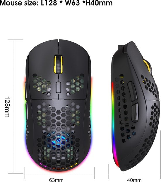 HXSJ T90 2.4G Wireless Gaming Mouse - Bluetooth - Computermäuse - Ultraleicht - RGB-Beleuchtung - Schwarz