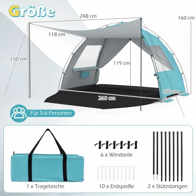 Coast Strandzelt 260 × 150 × 160 cm – Strandzelt mit Markise, UPF 50+ UV-Schutz, Netzfenstern und Tragetasche – Blau