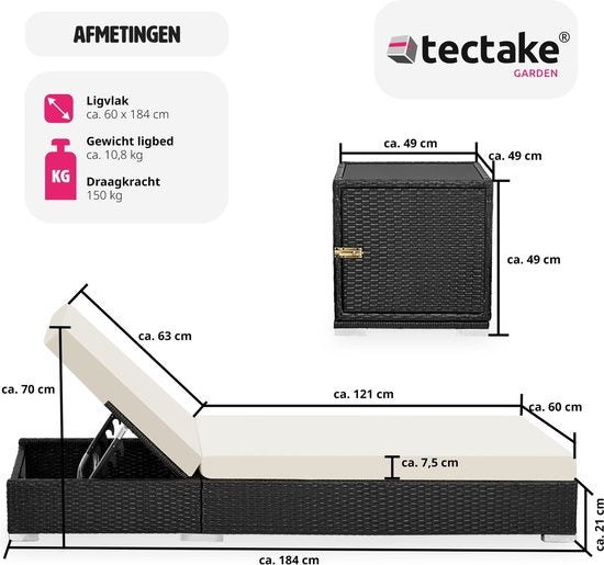 tectake 2 Luxus-Liegen mit Beistelltisch - Schwarz - Inklusive Schutzhülle - 401500
