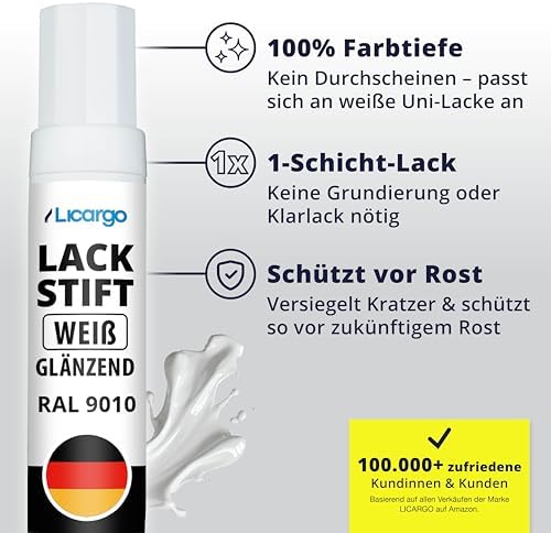 LICARGO Lackstift Glänzendes Weiß 12 ml – Präzisionspinsel für Kratzer und Steinschlag