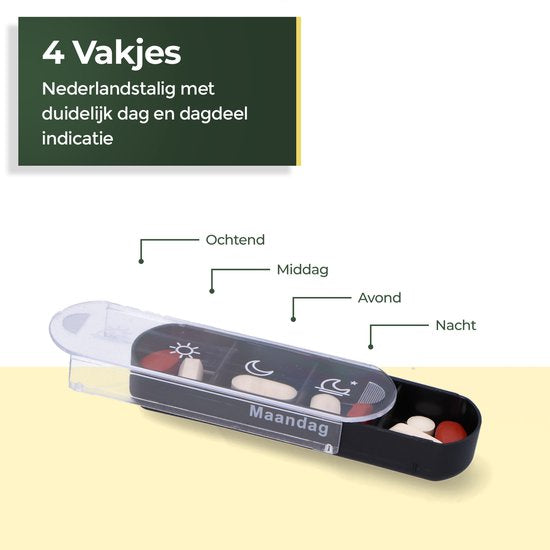Gandria Pillendose 7 Tage - Herausnehmbare Pillendose - Stapelbare Medikamentenbox mit 28 Fächern - Medikamentenbox mit stabilem Verschluss - 4 Fächer pro Tag - Schwarz