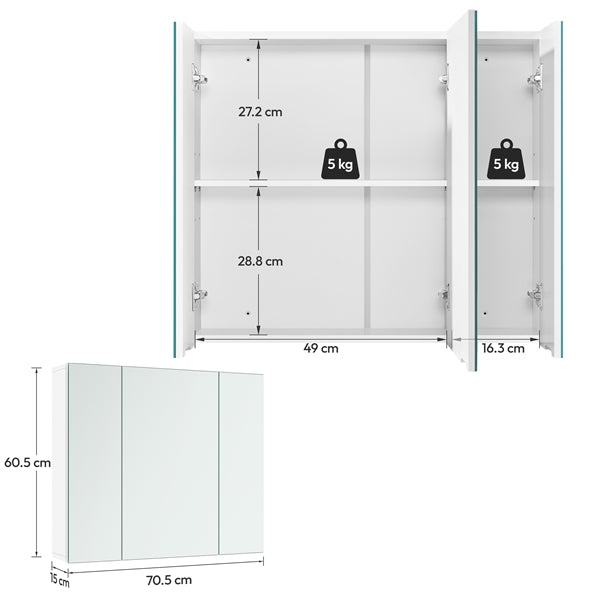 Rahmenloser Spiegelschrank – 3 Spiegeltüren – 2 verstellbare Einlegeböden – 70,5 x 15 x 60,5 cm – Weiß
