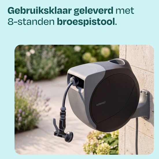 VONROC Automatische Schlauchtrommel – Wandschlauchbox – inkl. 30 m Premium-Gartenschlauch, Spritzpistole mit 8 Sprühstufen und Anschlüssen – schwarz/grau