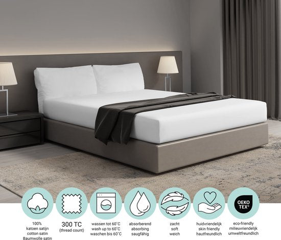 PHLOX Spannbetttuch – 100 % Baumwollsatin (300 TC) – Doppelbett 160 x 200 cm – Weich und hautfreundlich – Rundum-Gummizug – Weiß