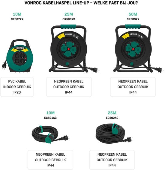 VONROC PRO Kabeltrommel 50m - IP44 - Neoprenkabel H07RN-F 3x1,5 mm² - 4 geerdete Schuko-Steckdosen - 3000W (abgerollt)/1100W (aufgerollt) - Feste Ader - Thermoschutz