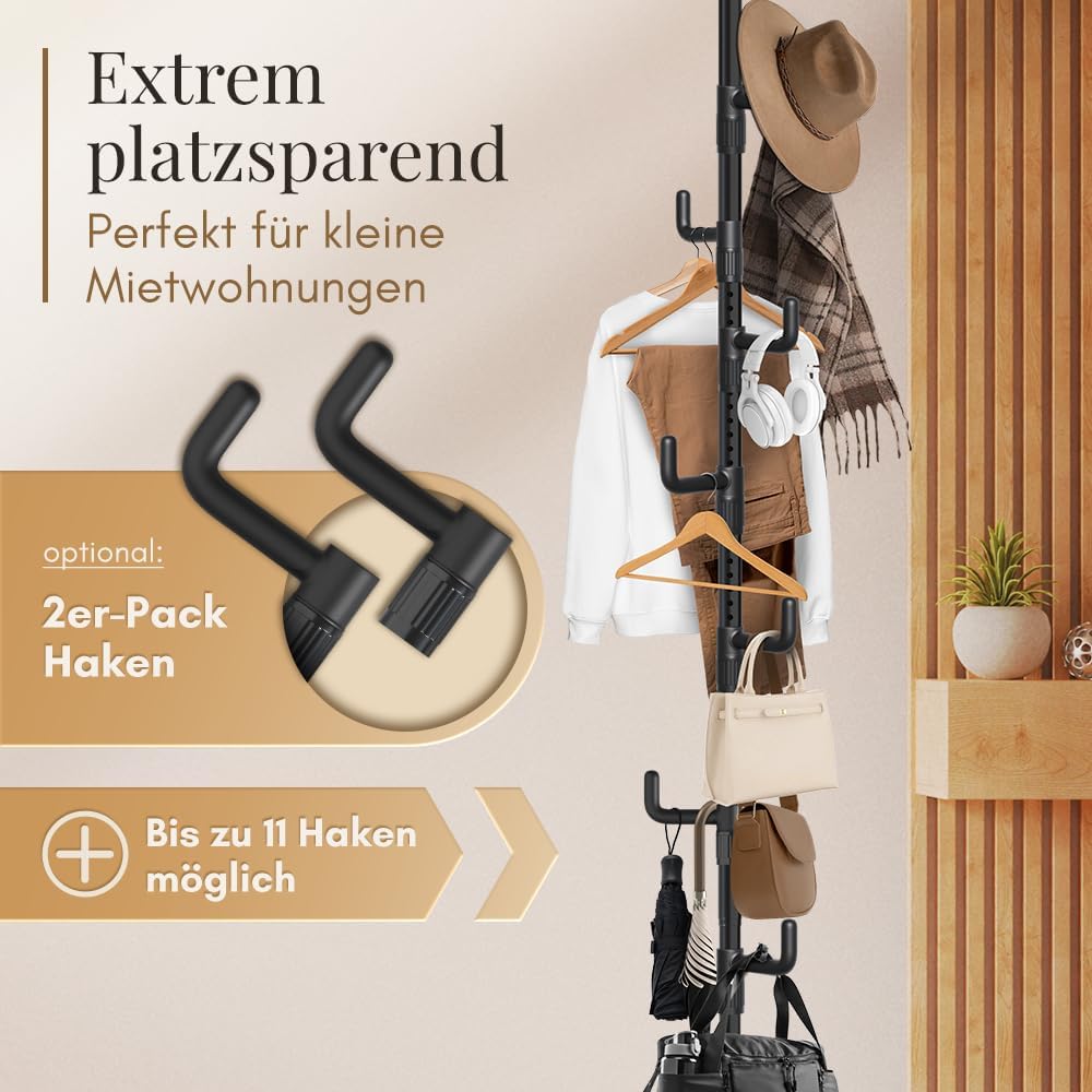LOBUX® - Garderobenständer ausziehbar, 5 Haken [schwarz, 110-310cm] - Teleskopgarderobe stabil - Garderobenständer platzsparend, Metall - Dienerschaftständer Schlafzimmer - Flurgarderobe - Kleiderständer Balkon