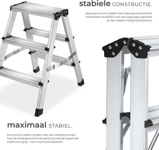 tectake® Doppelseitige Aluminium-Küchenleiter – 3 Sprossen – 58 cm – Stabile Leiter – Zusammenklappbare Trittleiter – Rutschfeste Haushaltsleiter