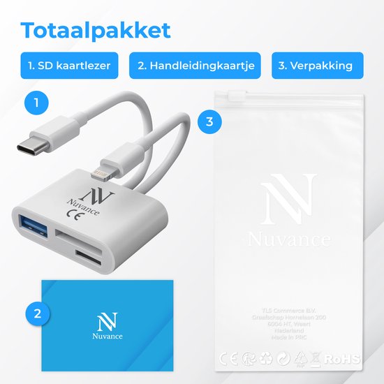 Nuvance SD-Kartenleser - 3 in 1 - Micro SD-Karte - USB zu USB C - 8-Pin - Geeignet für alle Handys, Tablets & Laptops