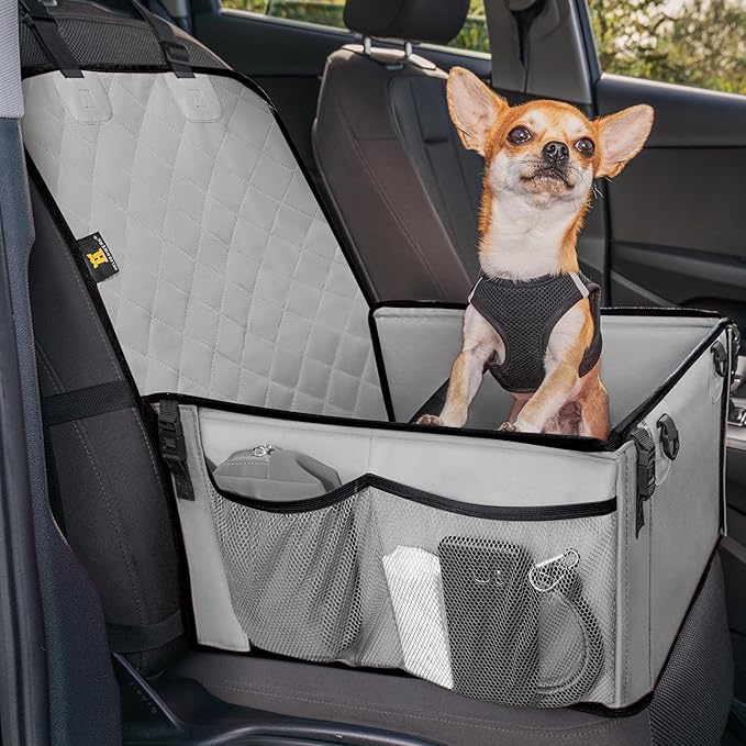 HELDENWERK Hundeautositz, extra stabil, verstärkte Wände, 5 Gurte, wasserdichter Hundeautositz für Rück- und Vordersitz, grau, Standardgröße