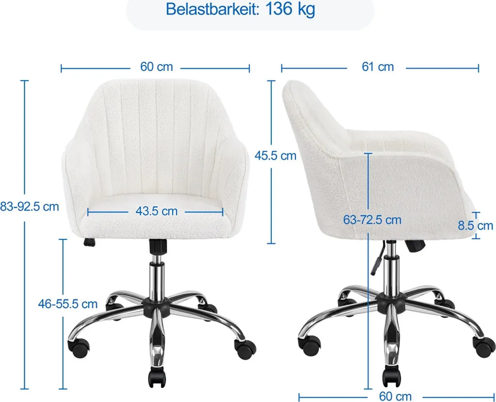 Yaheetech Verstellbarer Bürostuhl 60 x 61 x 83–92,5 cm – Elfenbein – Bürostuhl aus Bouclé mit Rollen und Armlehnen