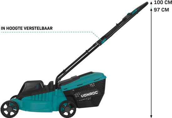 VONROC Accu-Rasenmäher - 20V - 32 cm Schnittbreite - Bürstenloser Motor - Drei einstellbare Schnitthöhen: 30/50/70 mm - Inkl. 30L Auffangbehälter - Ohne Akku und Schnellladegerät - Grün