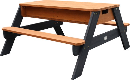 AXI Nick Zand & Water Picknicktisch in Anthrazit/Braun – mit Sonnenschirm in Blau/Weiß – Multifunktionaler Picknicktisch aus FSC-zertifiziertem Holz – Picknicktisch für Kinder aus Holz