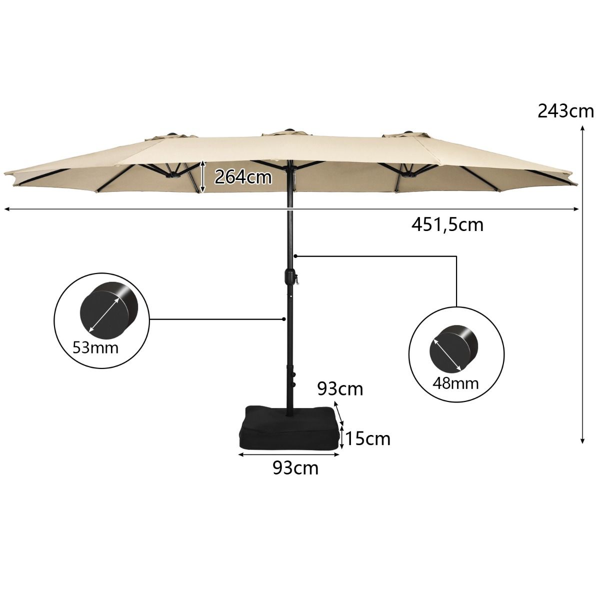 Coast Doppel-Terrassenschirm mit Ständer – XXL-Schatten – Kurbelmechanismus – Beige 451,5 x 264 cm