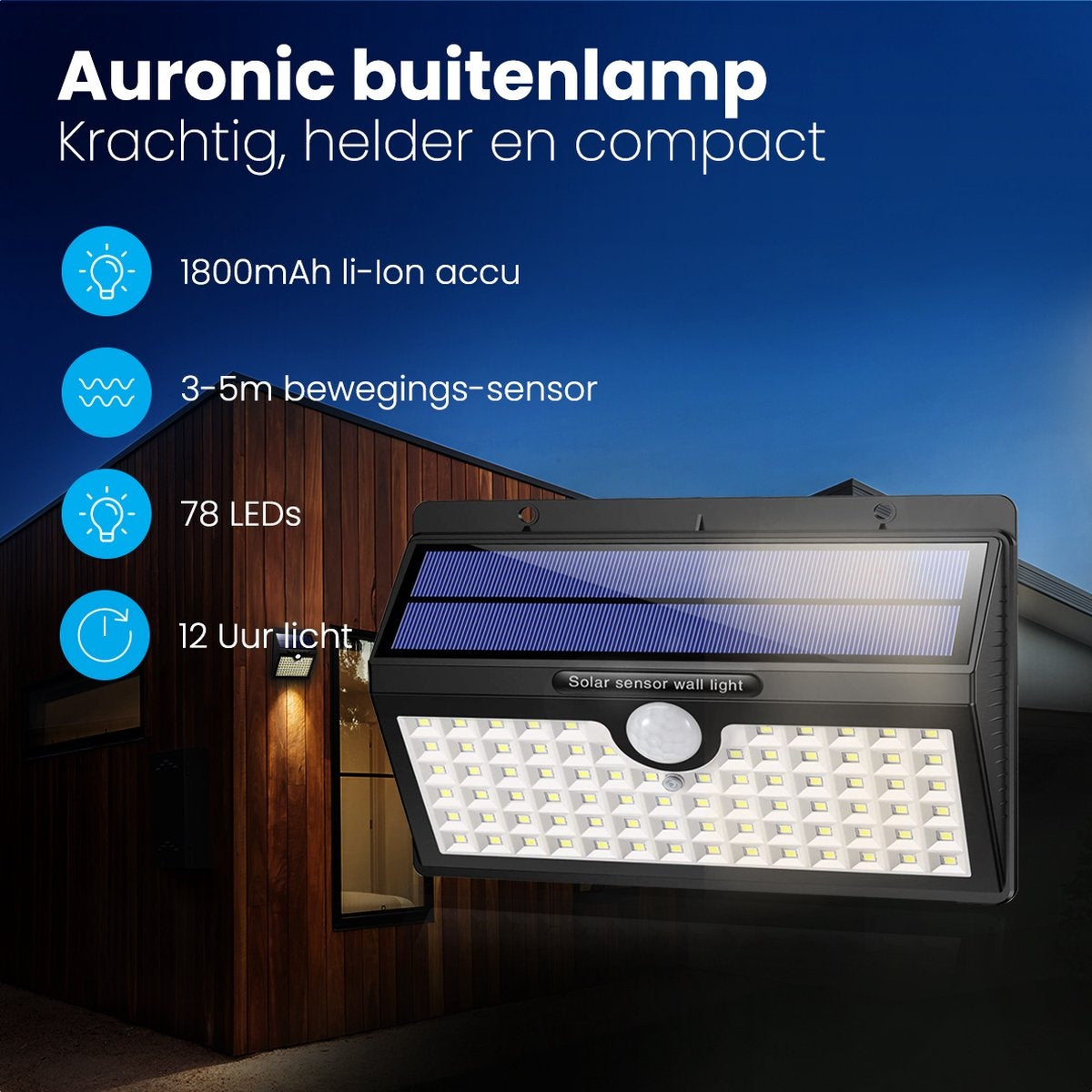 Auronic Solar Außenleuchte mit Bewegungssensor - Solar Gartenleuchte - Wandleuchte - 78 LEDs - IP65 - 2 Stück - Schwarz
