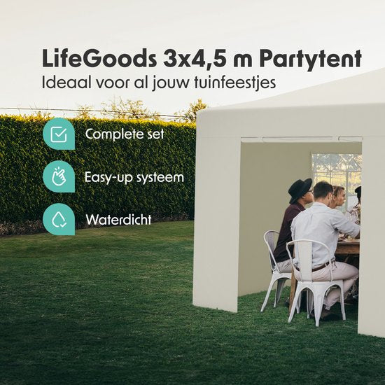 LifeGoods Partyzelt – Pavillon – 3 x 4,5 m – Seitenwände – Easy-Up – Zusammenklappbar – Wasserdicht – Transporttasche mit Rollen – Beige